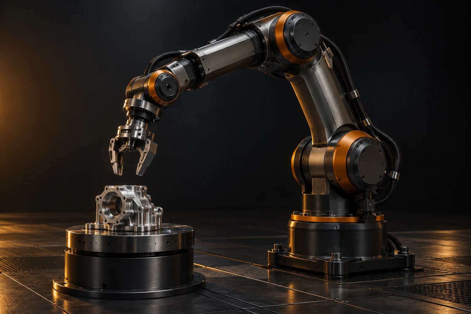 Illustrative industrial robotic arm positioned above a machined component